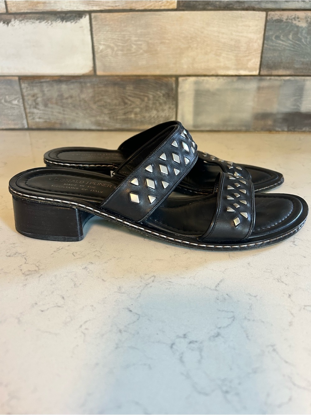 Donald J. Pliner Black Italian Leather Studded Double Strap Low Heel Sandals - Picture 4 of 16